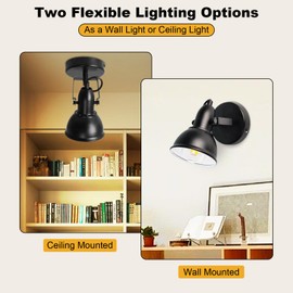 Unikcst 1 Way Wall Lights Adjustable Vintage Ceiling Lights Rotatable Black Metal Shade Ceiling Spotlight Fittings E27 for Indoor Bedroom Living Room Kitchen, Retro Wall Lamp(No Bulbs)