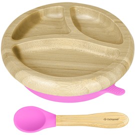 Abiie Octopod Bamboo Dish - Kids Plates for 4 months and up, 3-Compartment Baby Plates with Suction, Round Bamboo Baby Plate, Mess-Free Toddler Suction Plates, Baby Feeding Supplies, 7.5 x 7.5 x 1.9in