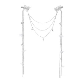 Wedding Butterfly Flower Headband Boho Head Chain Tassel Headband for Women Fake Earrings Hair Accessories for Women and Girls (Silver, One size)