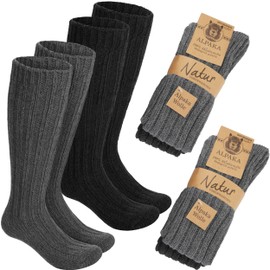 BRUBAKER Alpaca Wool Socks - Over the Calf Socks for Women and Men - 4 Pairs Unisex Knee High Winter Socks for Outdoor Indoor - Thermal Thick for Cold Weather - Gray and Anthracite - 6.5-8