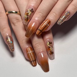 Long Press on Nails Fall Caramel Coffin Fake Nails Glossy Maple Sequins Full Cover Acrylic Nails Orange Stripe Gold Glitter Designs False Nails Autumn Elegant Long Artificial Glue on Nails for Women