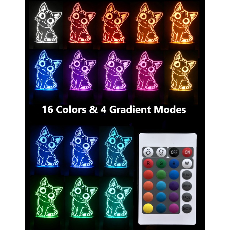 Lumipallas Cat Night Light Remote Control, Kitty Cute 3D Illusion