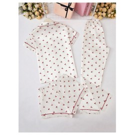 Verdusa Women's 3 Piece Satin Lounge Pjs Sets Printed Button Up Shirt and Shorts Pants White X-Large