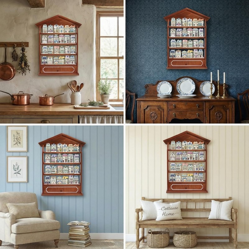 Vintage Wooden Spice Rack Village Style Display Shelf for 24