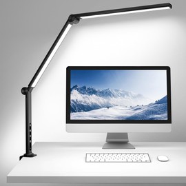 ShineTech LED Desk Lamp with Clamp, Architect Desk Lamp with Dual Light and Adjustable Swing Arm, 4 CCT Modes & 5 Brightness Levels Desk Light
