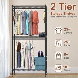 KOCASO Garment Racks 2 Tier Clothes Rack With Cover, Rolling Garment Rack for Hanging Clothes, 352LBS Portable Covered Closet With 4 Wheels, Freestanding Double Clothing Rack