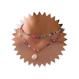 Allereyae Vintage Layered Shell Pendant Necklace Seed Bead Choker Necklace Scallop Choker Necklace Colorful Rice Bead Necklace Jewelry for Women
