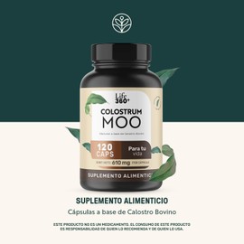 Life 360+ Colostrum Moo | 120 cápsulas | Calostro bovino | Suplemento Alimenticio | Cápsulas de gelatina y agua | Suplemento Alimenticio con 120 cápsulas en tarro a base de calostro bovino.
