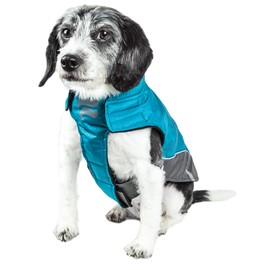 DOGHELIOS 'Altitude-Mountaineer' Wrap-Velcro Protective Waterproof Pet Dog Coat Jacket w/ Blackshark Technology, Medium, Blue, Charcoal Grey, Light Grey
