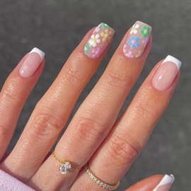 24pcs French False Nails Short Square White Tip Stick on Nails Daisy Flower Press on Nails Removable Glue-on Nails Fake Nails Women Girls Nail Art Accessories