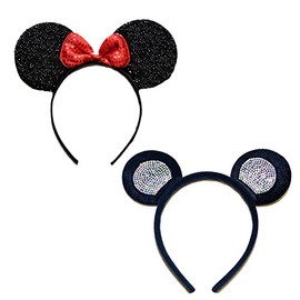 Sequined Bow and Glitter Ear Headband 2 Pieces Assorted Color Set (BkR-RhB)