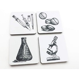 Pharmacist Gift Drink Coasters Set of 4 or 6 Graduation Medication Biology Science Beaker Microscope