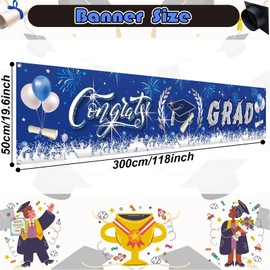Graduation Decorations, Graduation Banner 2025, Blue and Silver Graduation Sign, Large 2025 Graduation Party Decorations, GRAD Congrats Backdrop Yard Sign Banner for Indoor Outdoor Wall Yard 300*50cm