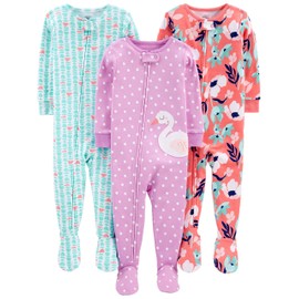 Simple Joys by Carter's Girls' 3-Pack Snug Fit Footed Cotton Pajamas, Light Purple Swan/Mint Green Turtle/Orange Floral, 12 Months