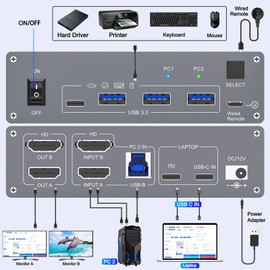 KVM Switch 2 Monitors 2 Computers 4K@60Hz USB C +HDMI Dual Monitor for Laptop & Desktop with 4 USB 3.0 Port,Wired Remote,USB3.0 Cables Included(4K 2 PC 2 Monitor KVM)