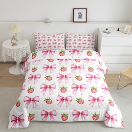 Pink Bowknot Kids Comforter Set Full Size,Strawberry Summer Fruit Toddler Bedding Set,Girls Women Room Decor,Bow Tie Butterfly Knot Princess Down Comforter,Cartoon Cute Duvet Insert,2 Pillowcases