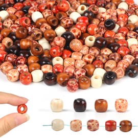 Pack of 300 Wooden Beads, Painted Wood Beads with Large Hole, Natural Beads Wood for Threading, 4 Styles Wooden Balls with Large Hole, Pattern Wooden Beads Natural for DIY Bracelet, Necklace,