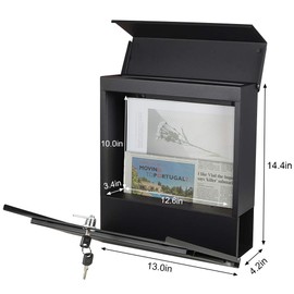 Decaller Metal Wall Mounted Mailboxes with Key Lock, Large Mail Box with Newspaper Compartment, Black, 13" x 14 2/5" x 4 1/5"
