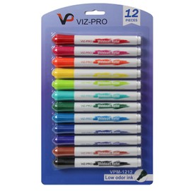 VIZ-PRO Dry Erase Markers, Chisel Tip, Assorted Colors, 12-Count Low-Odor Whiteboard Pens