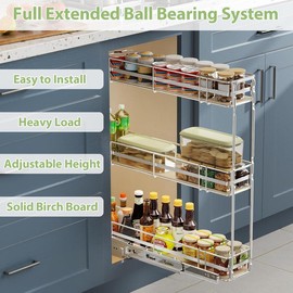 Hausvita 3-Tier Pull Out Cabinet Organizer Spice Rack for Narrow Cabinet 6" W x 20½" D, Slide Out Wood Shelves Storage for Kitchen - Size: 6" W x 20½" D