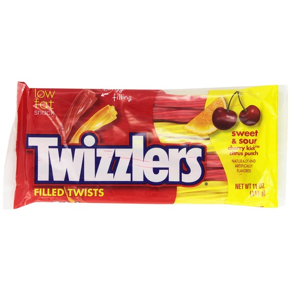 TWIZZLERS Filled Twists, Sweet & Sour Flavored Licorice Candy (Cherry Kick, Citrus Punch), 11-Ounce Bag (Pack of 6)