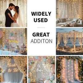 EaziCozi White Tulle Backdrop Curtain with Lights String - 10x10ft Sheer Backdrop with 300 LEDs for Wedding, Baby Shower, Bridal Shower, Birthday Party Photo Shoot Background and Home Decorations