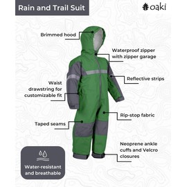 OAKI Rain and Trail Suits - The Ultimate Kids & Toddler Rain Suit for Boys & Girls - Perfect Muddy Buddy Rain Overalls Toddler - Tough & Durable Rain Suits Forest Green, 6-7