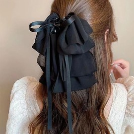Rannyrena Large Hair Bow for Women Long Satin Silk Knot Hair Claw Clips Lace Black Tulle Hair Barrettes with Pearls Long Tail Bowknot Hair Decorations Accessories (Black bow)