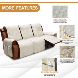 XINEAGE Water Resistant Recliner Cover, 3 seat Recliner Sofa Covers with Pockets, Quilted Thick Recliner Protector Cover for Dog Pets with Non Slip Backing and Strap (Recliner Sofa, Beige)