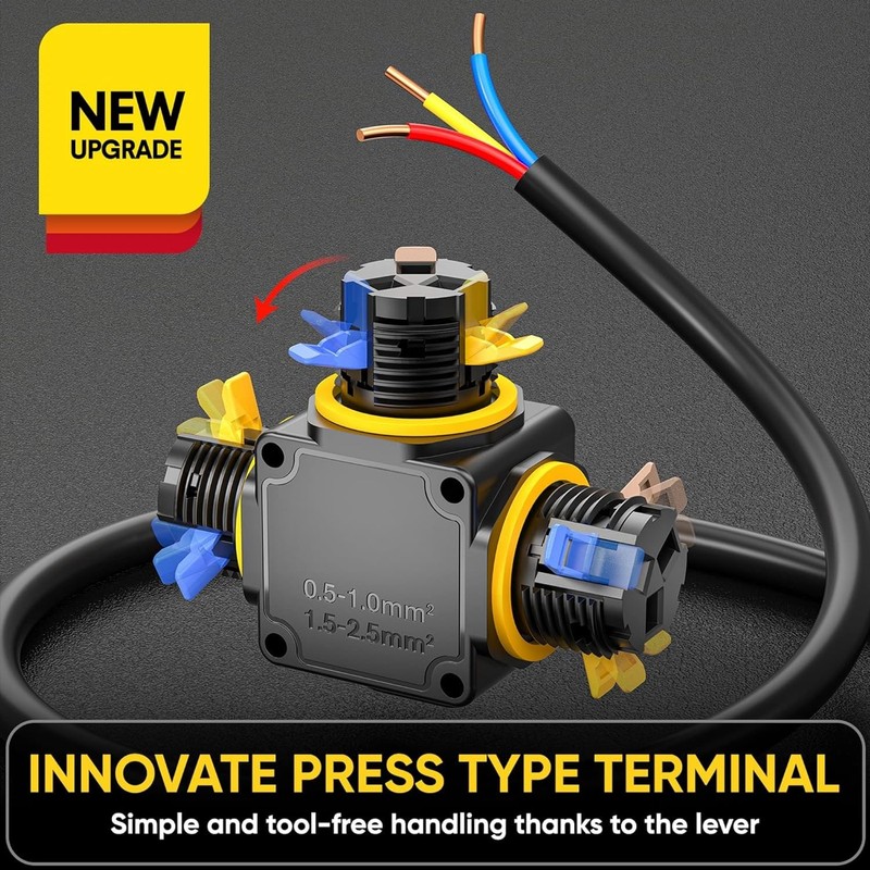 T-Shape 3-Way IP68 Waterproof Junction Box, Screwless Lever Quick-Release Cable