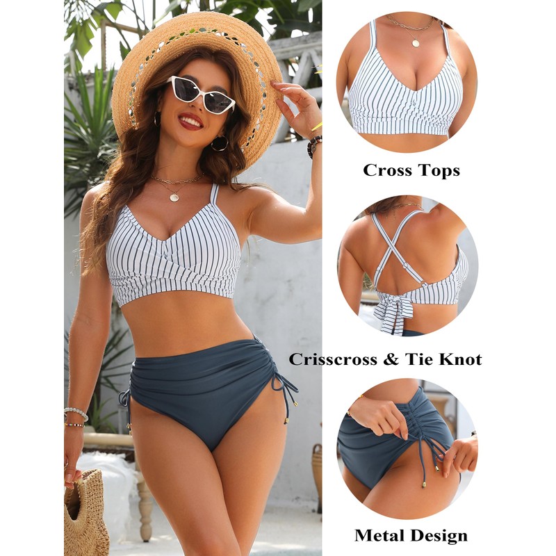 Blooming Jelly Womens High Waisted Bikini Sets Striped Tummy Control