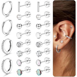 Jstyle 8 Pairs Surgical Steel Earrings for Sensitive Ears Hypoallergenic 20G Stainless Steel Stud Hoop Earrings for Women Men Small Opal Ball CZ Surgical Steel Flat Back Earrings Cartilage Earrings Jewelry:_Siliver3