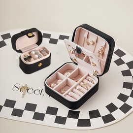 LDALAX Travel Jewellery Box, 2-Piece Set Jewellery Box for Girls and Women, Travel Jewellery Case, PU Cover Jewellery Organiser for Rings, Earrings, Necklaces, Black