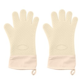 1 Pairs Silicone Oven Mitts & Pot Holders, Extended Long 5-Finger Design with Soft Cotton Lining, Heat Resistant up to 500°F, Waterproof&Non-Slip Kitchen Gloves for Baking, Grilling, Cooking(Beige)
