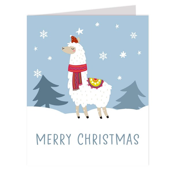 The Invite Lady Llama Christmas Card Winter Holiday Greeting Cards Cute Adorable Alpaca Scarf Snow Snowflakes Seasons Greetings Merry Xmas Printed Folding Card (12 Count)