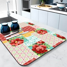 Rubber Dish Drying Mat for Kitchen Counter Large Boho Flowers Washable Quick Home Coffee Pad Fit Under Sink,Bar,Utensils 18x24in