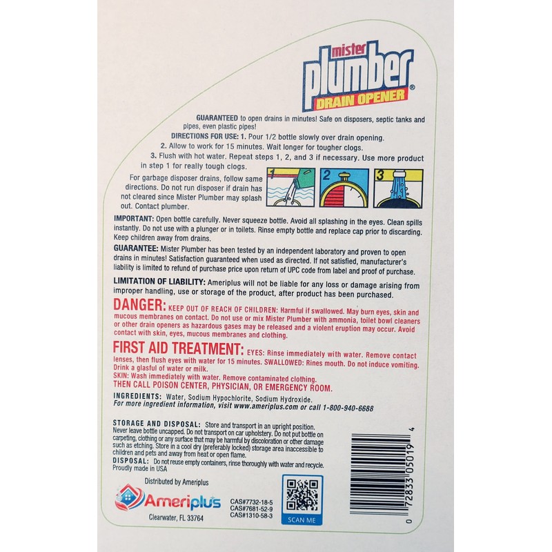 Mister Plumber Professional Formula Drain Opener, 32 Fl Oz "No-Glug"