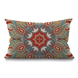 BGBDEIA Paisley Flower Cushion Cover Traditional Ethnic Floral Red Teal White Waist Lumbar Cotton Linen Home Living Room Decorative Throw Pillow Cover 12x20 Inch Rectangle Waist Pillowcase 30x50 cm