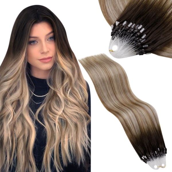 Vivien Remy Micro Extensions Real Hair Brown Blonde 45 cm Invisible Extensions Real Hair Micro Ring 1 g/s 50 g Micro Bonding Extensions Real Hair Balayage Dark Brown Ombre Ash Brown with Blonde #3/8/24 50s