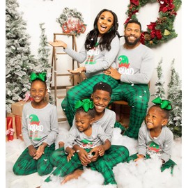 IFFEI Matching Family Pajamas Sets Christmas PJ's SQUAD Print Grey Top and Plaid Bottom Sleepwear Women: M