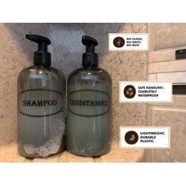 Bottiful Home-16 oz Grey Shampoo, Conditioner, Wash Shower Soap Dispensers-3 Refillable Empty PET Plastic Pump Bottle Shower Containers-Printed Design-Waterproof, Rust-Free, Clog-Free, Drip-Free