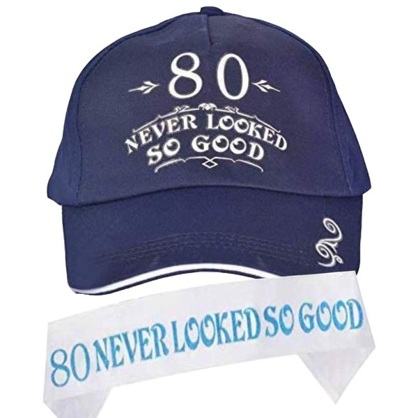 80th Birthday Gifts for Men, 80th Birthday Hat and Sash Men, 80 Never Looked So Good Baseball Cap and Sash, 80th Birthday Party Supplies, 80th Birthday Party Decorations, 80th Birthday Accessories