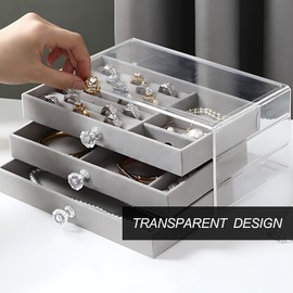 3 Drawers Clear Acrylic Jewellery Storage Organiser Box, Adjustable Velvet Jewellery Earring Rings Necklaces Bracelet Display Holder Case for Women Ladies Girls Gift, Beige