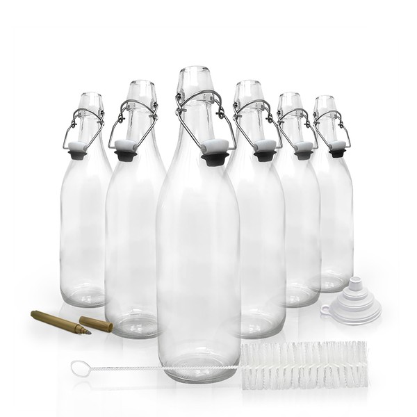 Nevlers 6 PCS | 33 oz Round Swing Top Glass Bottles with Airtight Stopper | 1 Liter Home Brewing Bottles for Kombucha - Water Kefir - Limoncello | Includes Brush, Funnel & Gold Glass Marker
