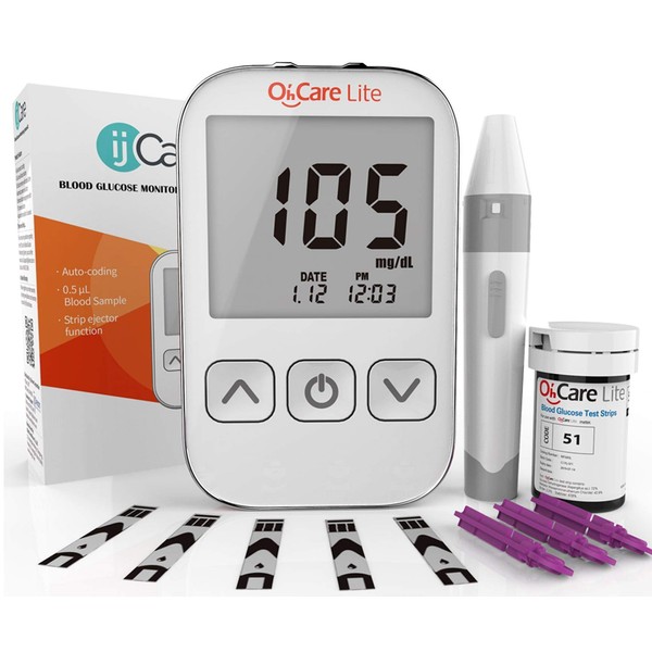 Oh’Care Lite Blood Sugar Test Kit – Blood Glucose Meter with Strips and Lancets, Lancing Device, Log, and Case - One Touch Eject Glucometer (50 Strips & 50 Lancets)