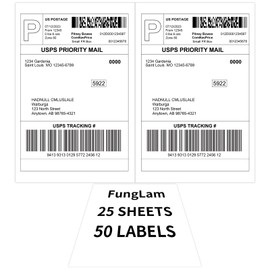 Half Sheet Shipping Labels 8.5x5.5 Inches, FungLam Half Page Labels, 8.5”x11” Self Adhesive Shipping Labels for Laser&Inkjet Printers, White Mailing Address Labels, 2 Labels Per Sheet, 50 Labels.