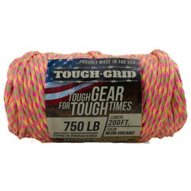 TOUGH-GRID Premium 750lb Paracord Rope - Made in USA - 100% Nylon Type IV Mil-Spec - UV & Abrasion Resistant - Heavy Duty Strands - Outdoor Survival Rope - Used by US Military - 200Ft. - Neon Dreams