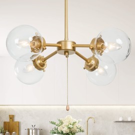 KSANA Gold Chandelier with Pull Chain On/Off Switch, 2 in 1 Sputnik Chandeliers and Semi Flush Mount Ceiling Light for Dining Room, D19.7 x H11.5