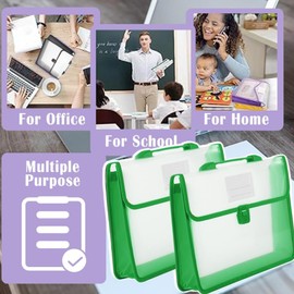2PCS File Folder with Handle,PP Plastic Transparent A4 Portfolio Oxford Cloth Edge Waterproof and Button ClosureTransparent Accordion File Organizer Document Organizer for School Office (Green)