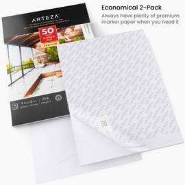 Arteza 9x12 Inches Marker Paper Pad, 2-Pack, 50 Sheets, Glue-Bound, Smooth Coated Marker Paper for Alcohol Markers & Pigment Markers, Art Supplies for Drawing, Sketching, Coloring, Lettering